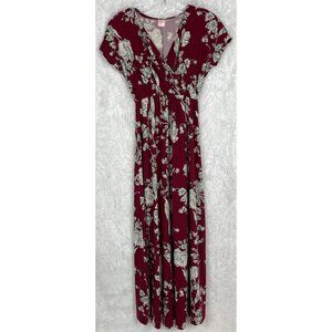 Flirty Pink Medium Short Sleeve Surplice Neck Maroon White Flowers Maxi Dress